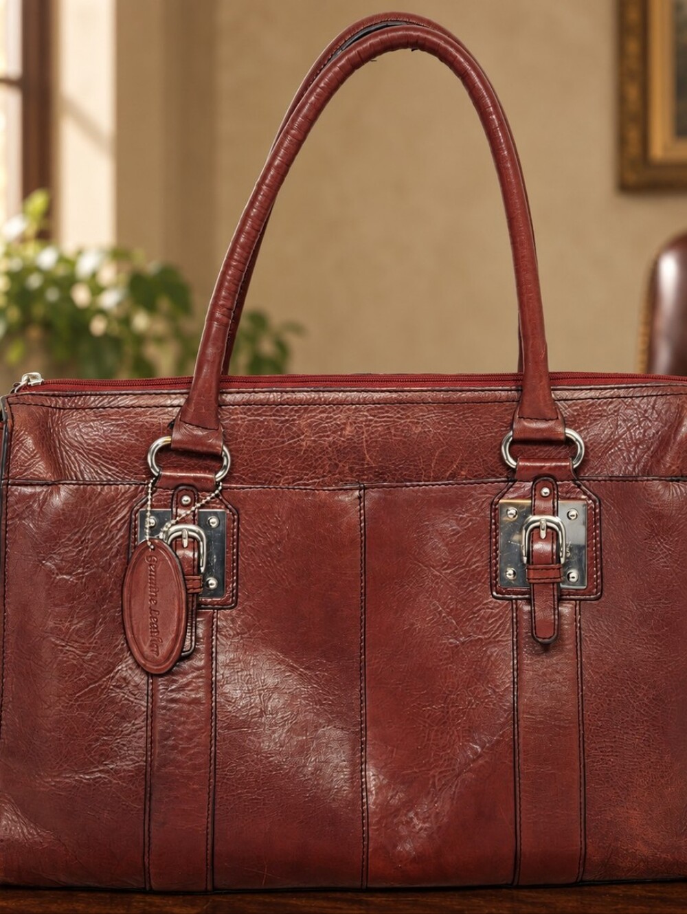 Vintage Leather Laptop Bag Burgundy Work Tote Carryall Briefcase